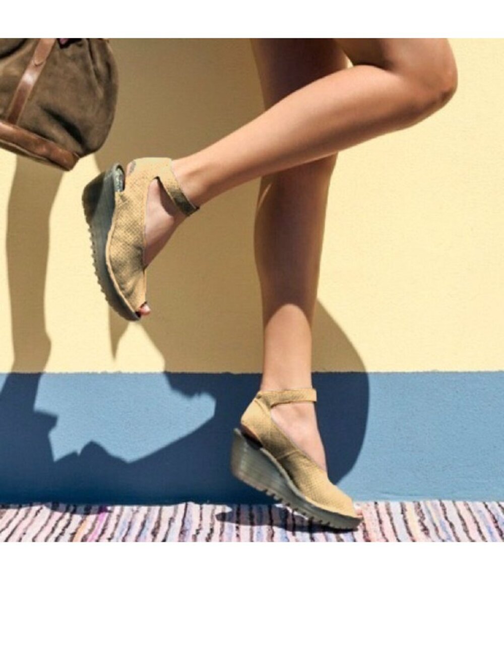 Fly London Yala Perforated Leather Wedge Sandal Tan Khaki UK 38 US 7.5-8